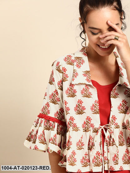 Red & Off-White Printed Straight Layered Fusion Kurta With Ethnic Jacket