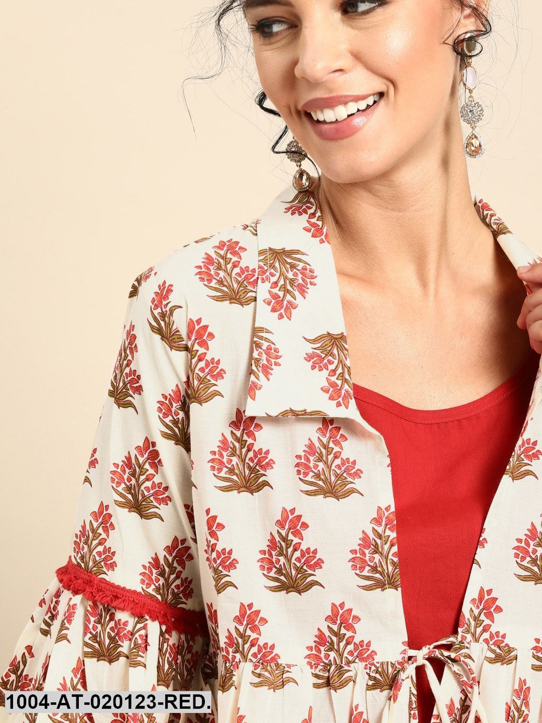 Red & Off-White Printed Straight Layered Fusion Kurta With Ethnic Jacket