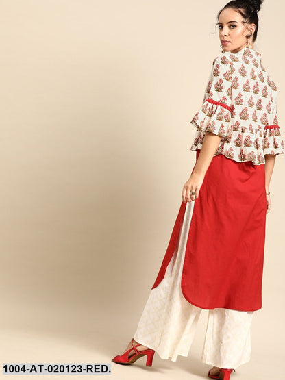 Red & Off-White Printed Straight Layered Fusion Kurta With Ethnic Jacket