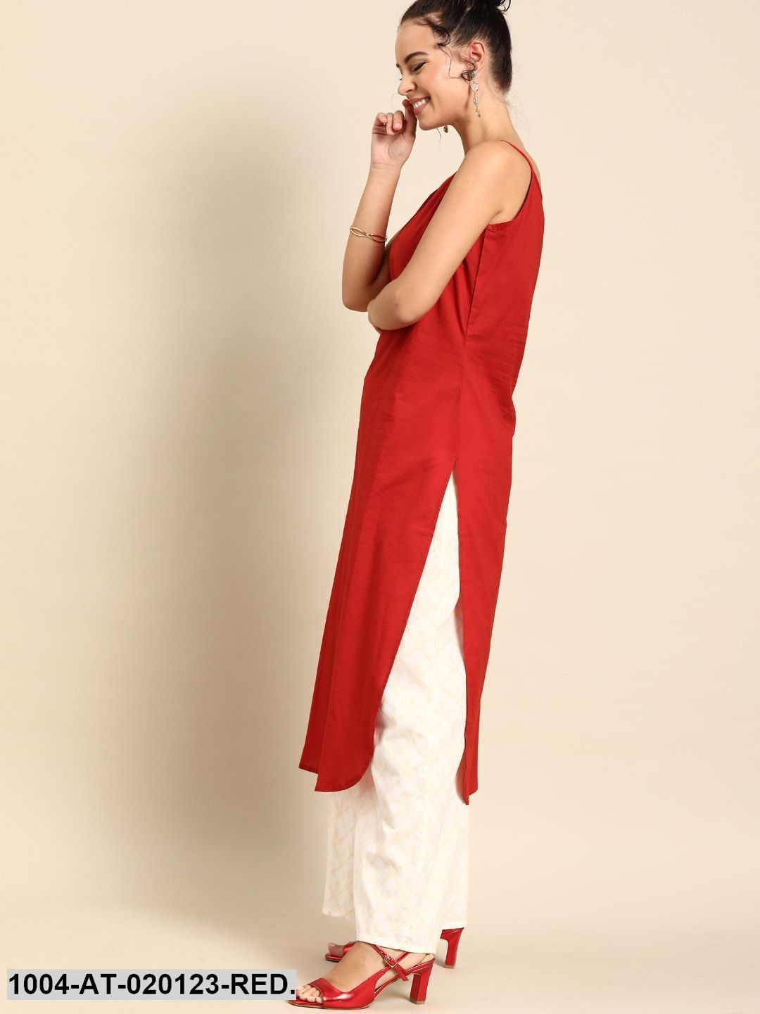 Red & Off-White Printed Straight Layered Fusion Kurta With Ethnic Jacket