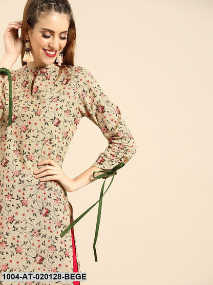 Beige & Pink Floral Printed Straight Kurta With Tie Up Detail