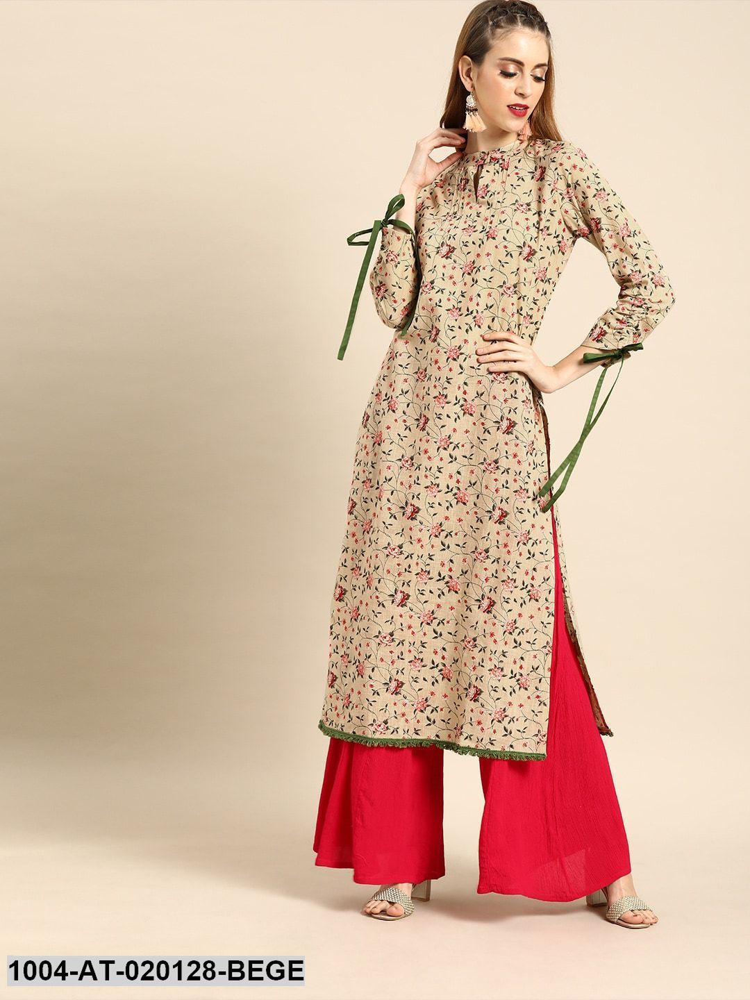 Beige & Pink Floral Printed Straight Kurta With Tie Up Detail