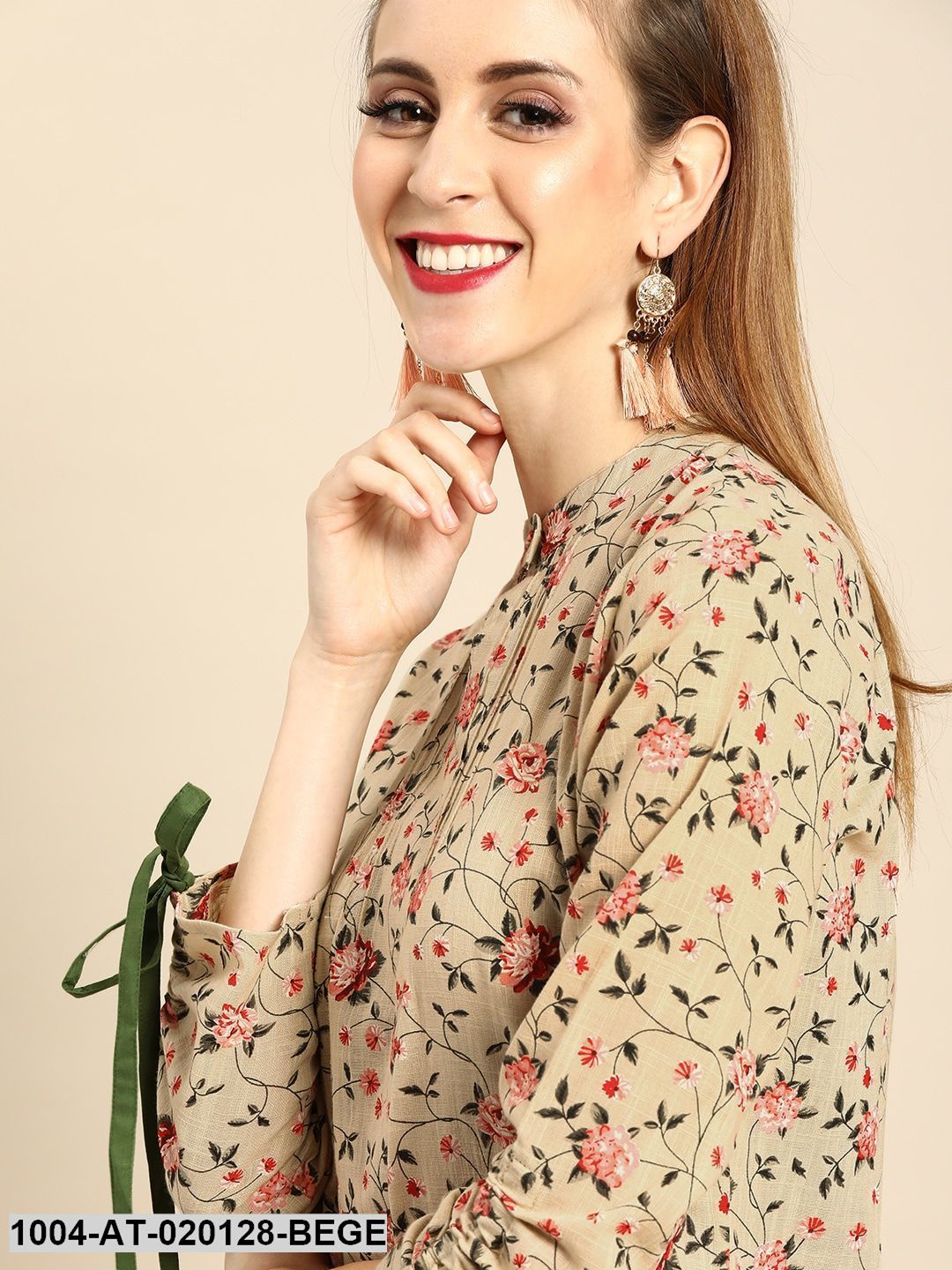 Beige & Pink Floral Printed Straight Kurta With Tie Up Detail