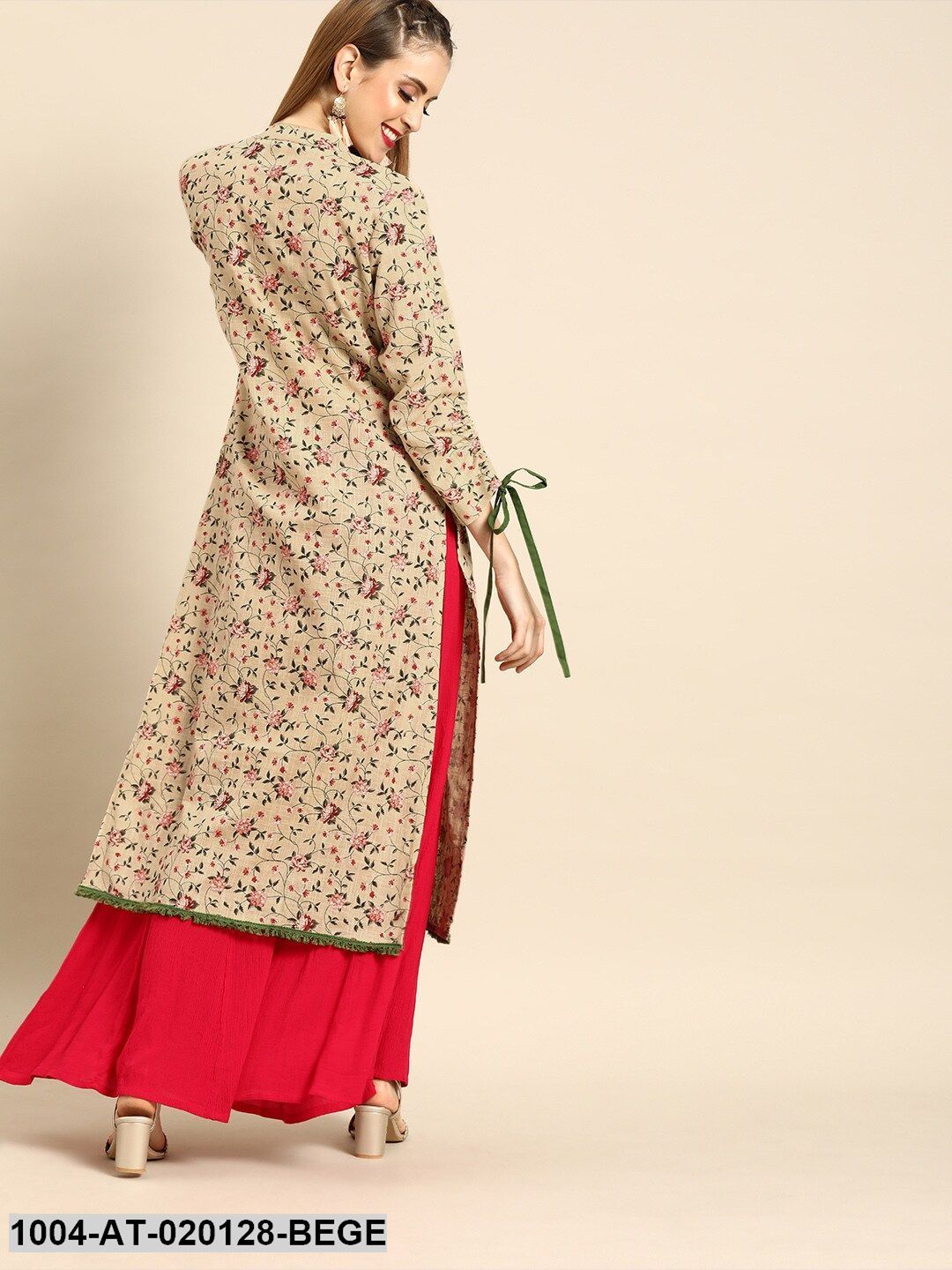 Beige & Pink Floral Printed Straight Kurta With Tie Up Detail