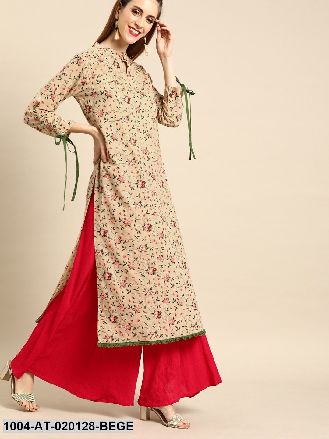 Beige & Pink Floral Printed Straight Kurta With Tie Up Detail