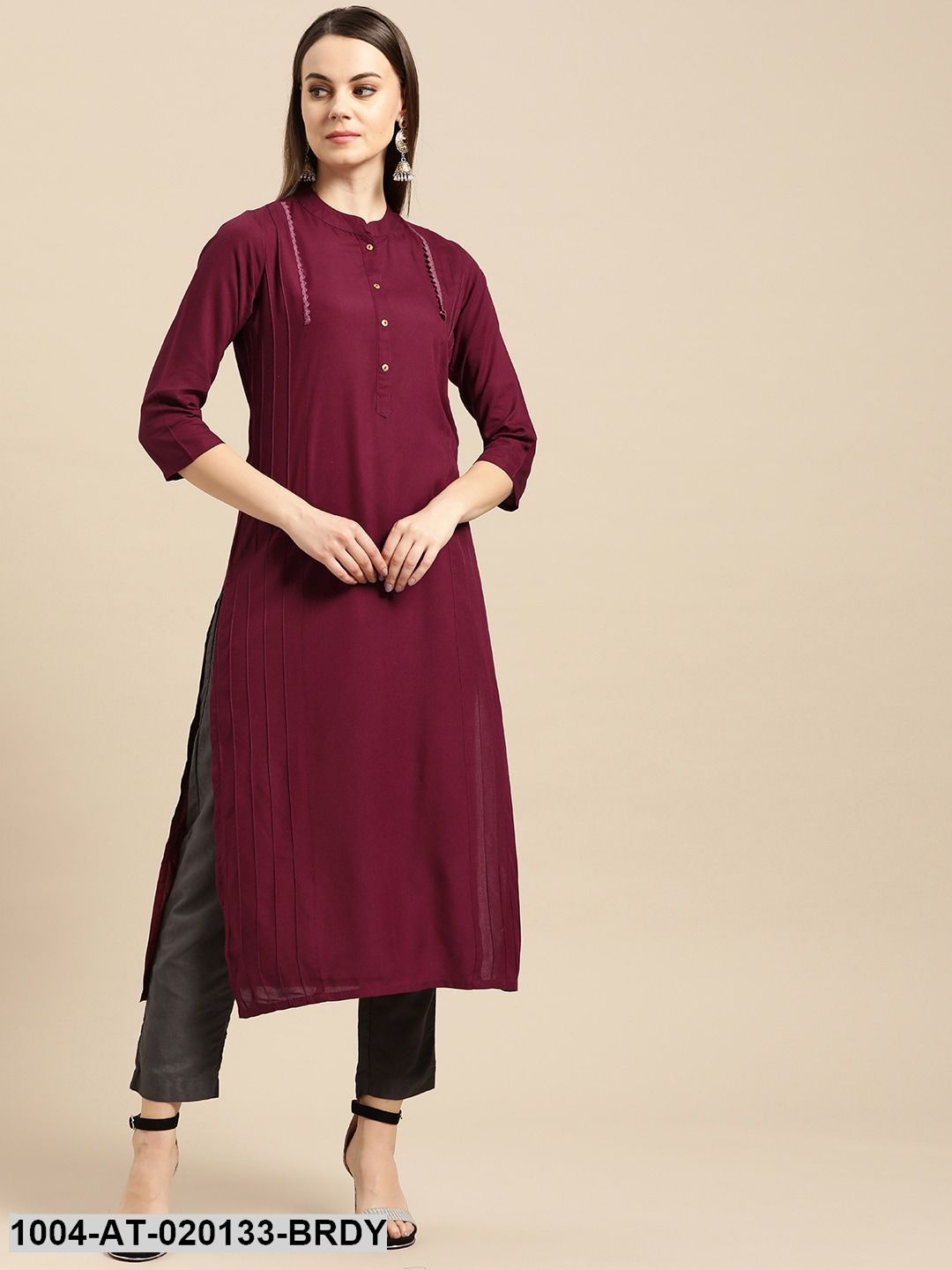 Burgundy Solid Straight Kurta