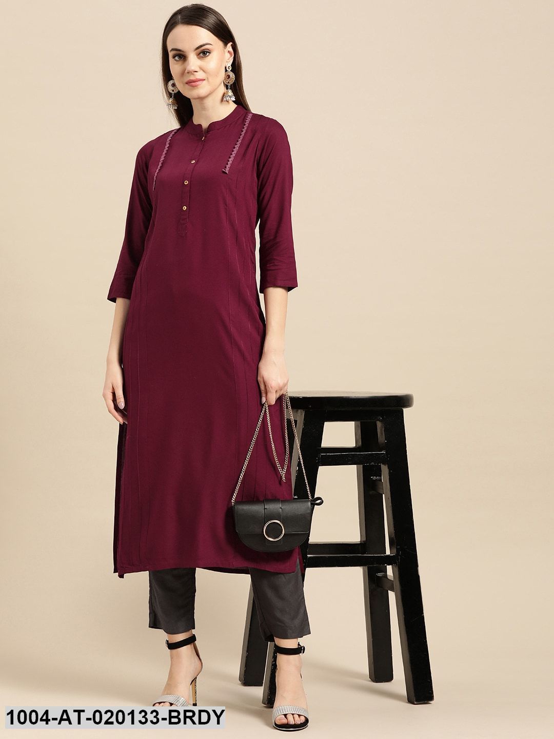 Burgundy Solid Straight Kurta
