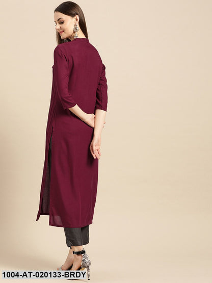 Burgundy Solid Straight Kurta