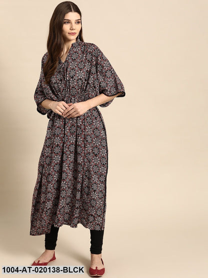 Black & Maroon Geometric Screen Print Flared Sleeves Kaftan Kurta