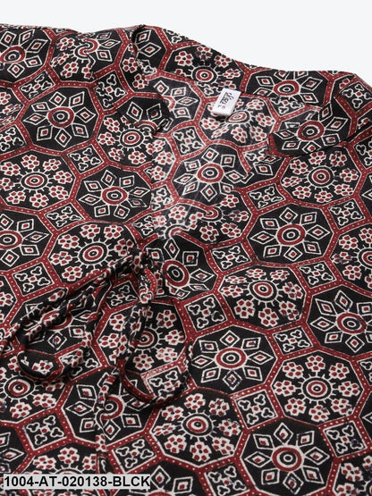 Black & Maroon Geometric Screen Print Flared Sleeves Kaftan Kurta