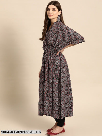 Black & Maroon Geometric Screen Print Flared Sleeves Kaftan Kurta
