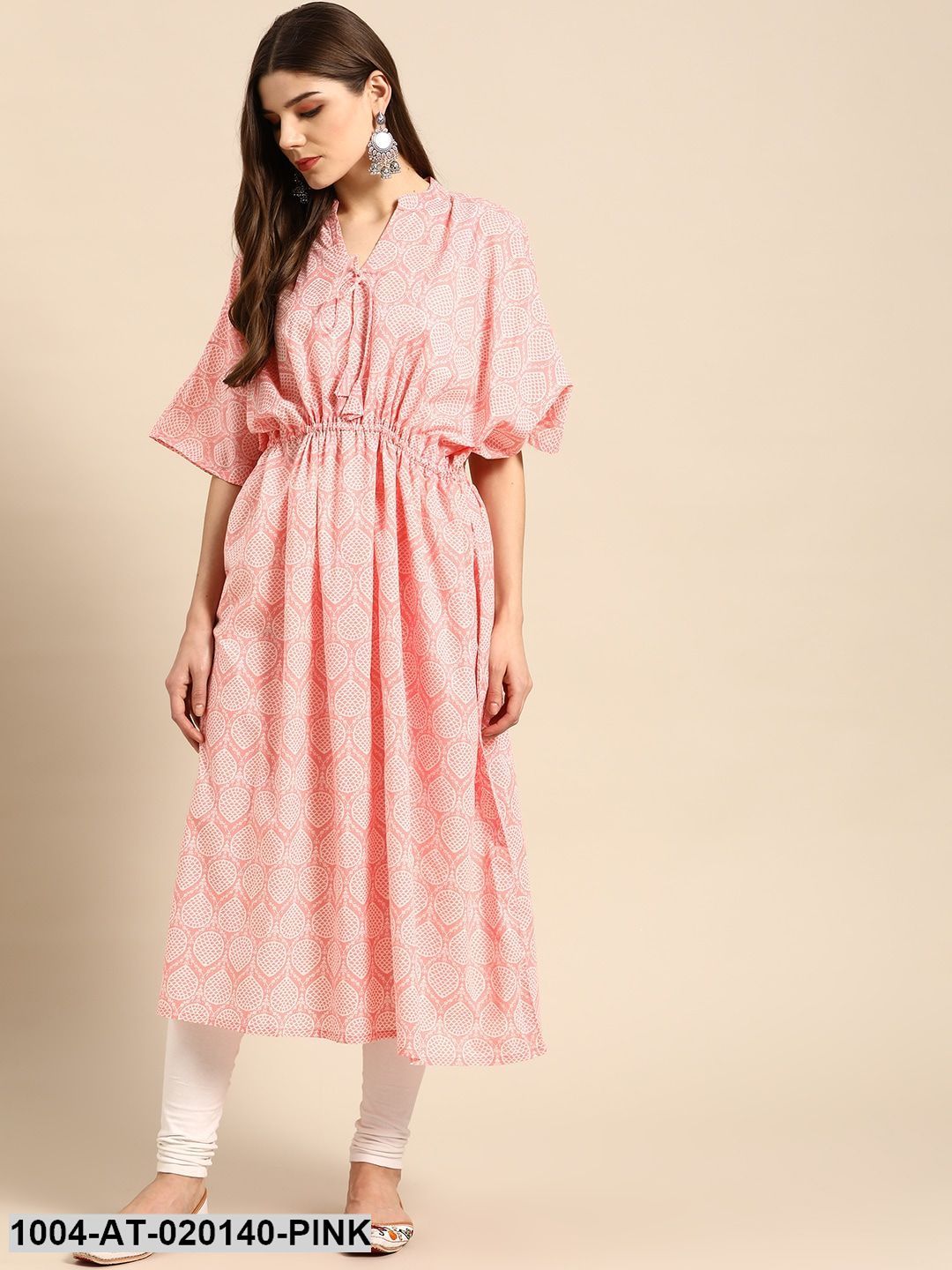 Pink & Off White Geometric Screen Print Flared Sleeves Kaftan Kurta