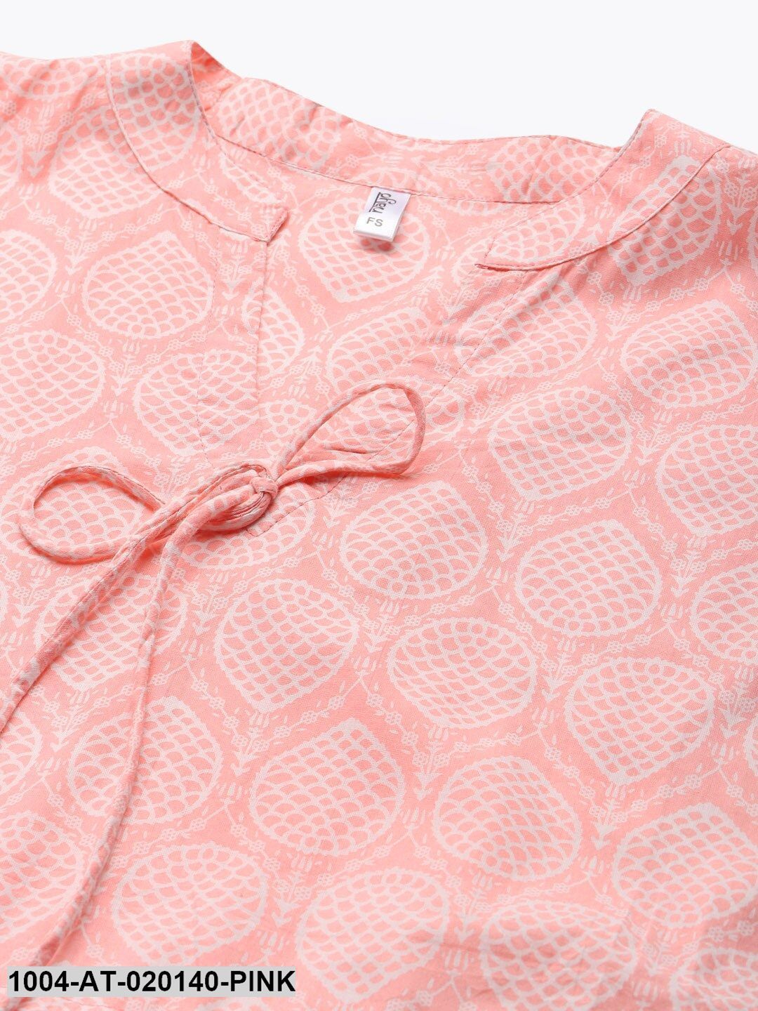 Pink & Off White Geometric Screen Print Flared Sleeves Kaftan Kurta