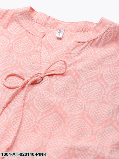 Pink & Off White Geometric Screen Print Flared Sleeves Kaftan Kurta