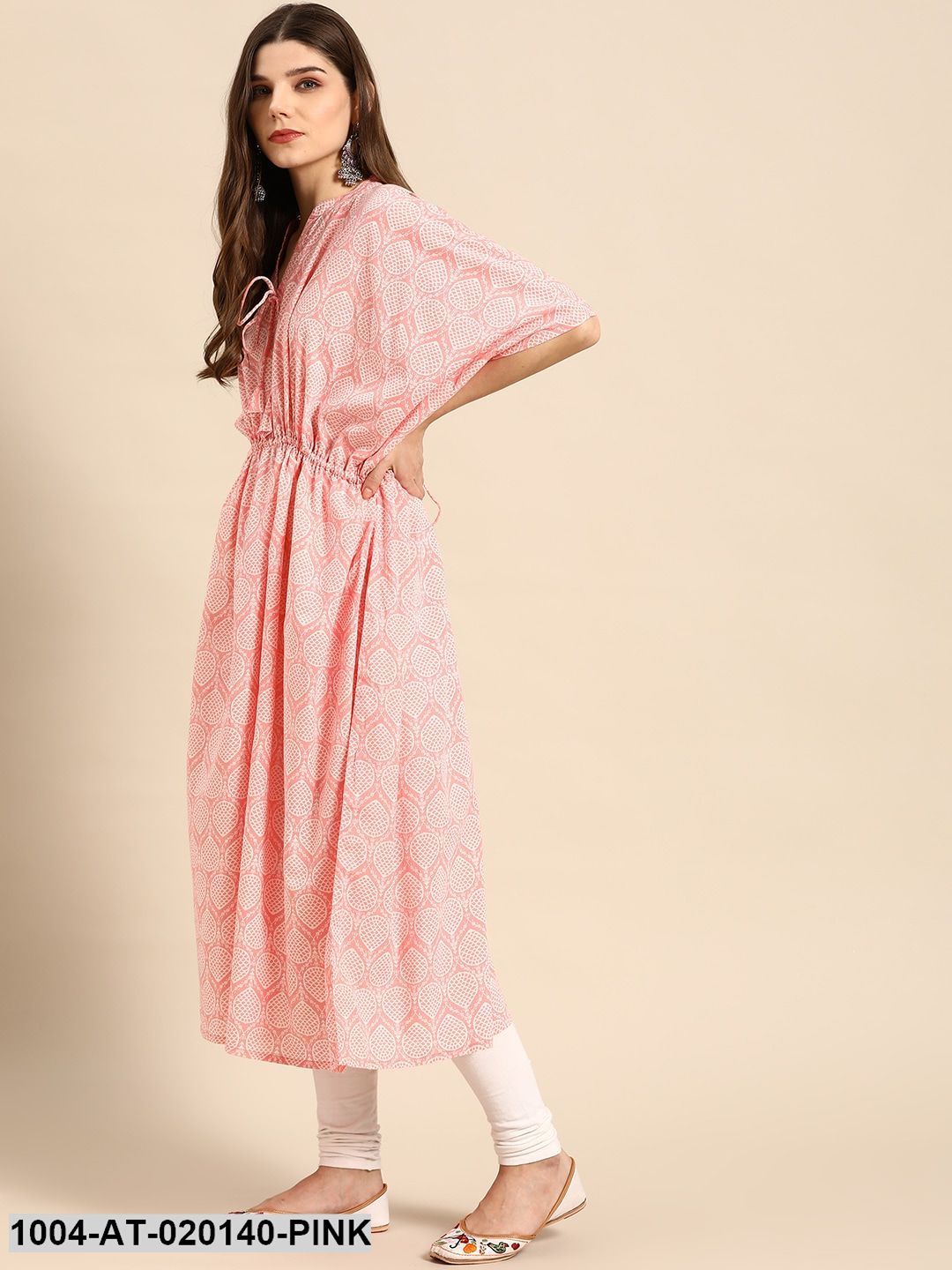 Pink & Off White Geometric Screen Print Flared Sleeves Kaftan Kurta