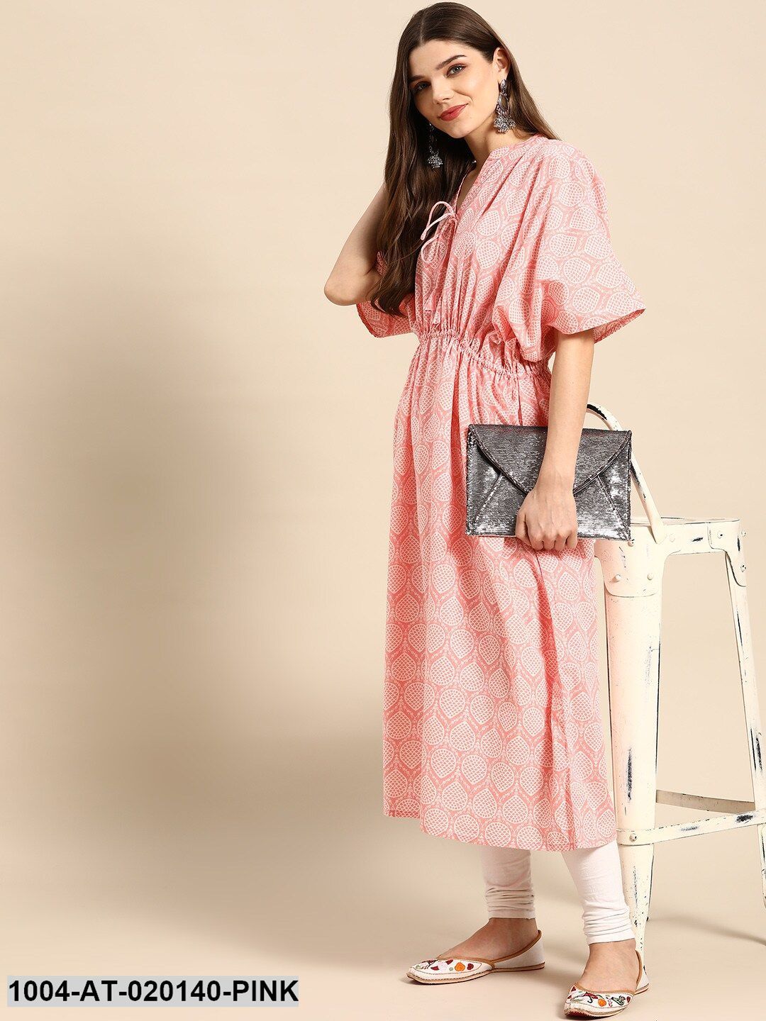 Pink & Off White Geometric Screen Print Flared Sleeves Kaftan Kurta