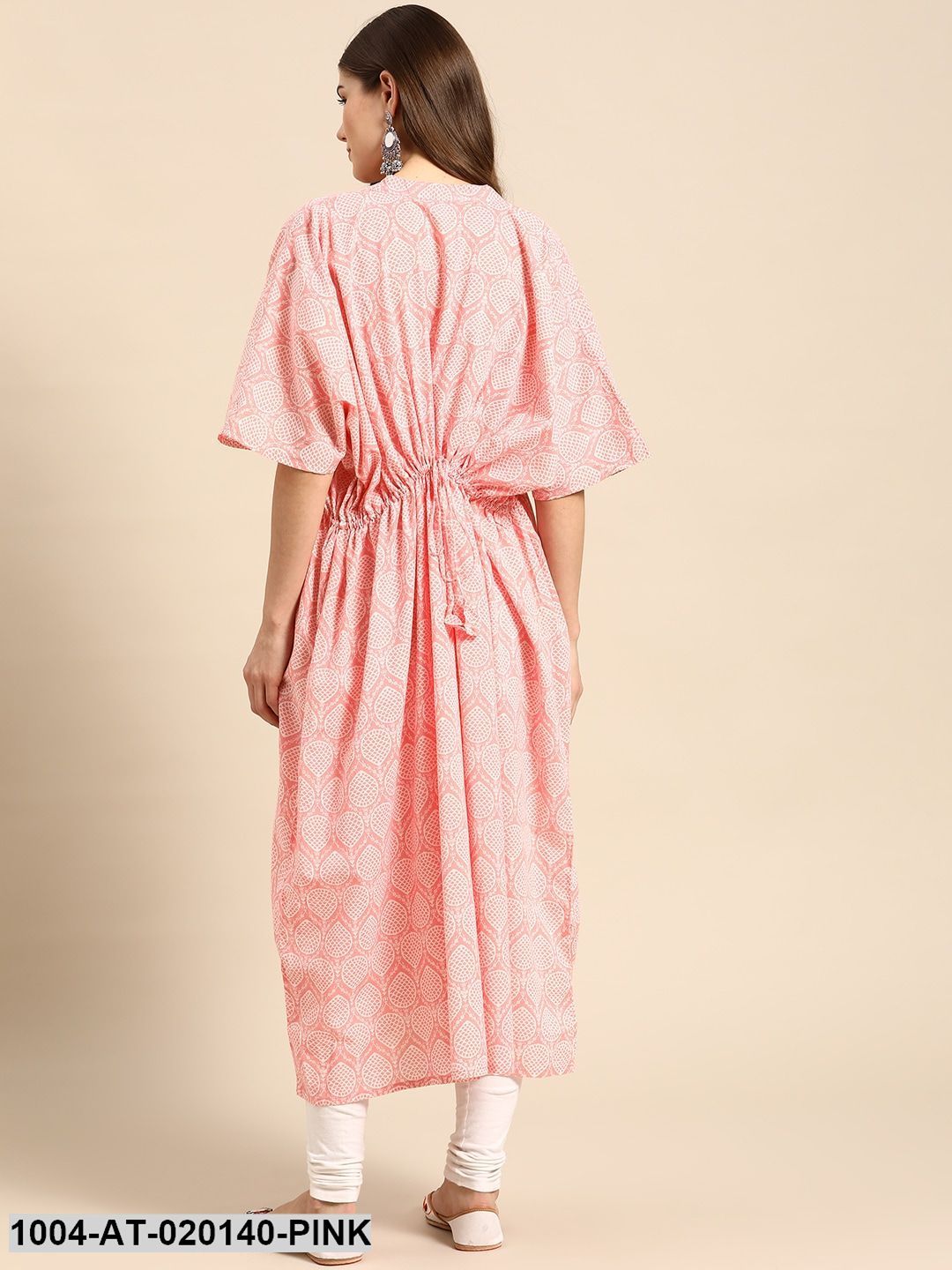 Pink & Off White Geometric Screen Print Flared Sleeves Kaftan Kurta