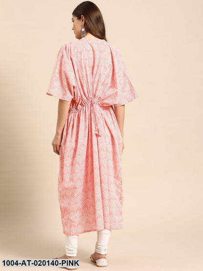 Pink & Off White Geometric Screen Print Flared Sleeves Kaftan Kurta