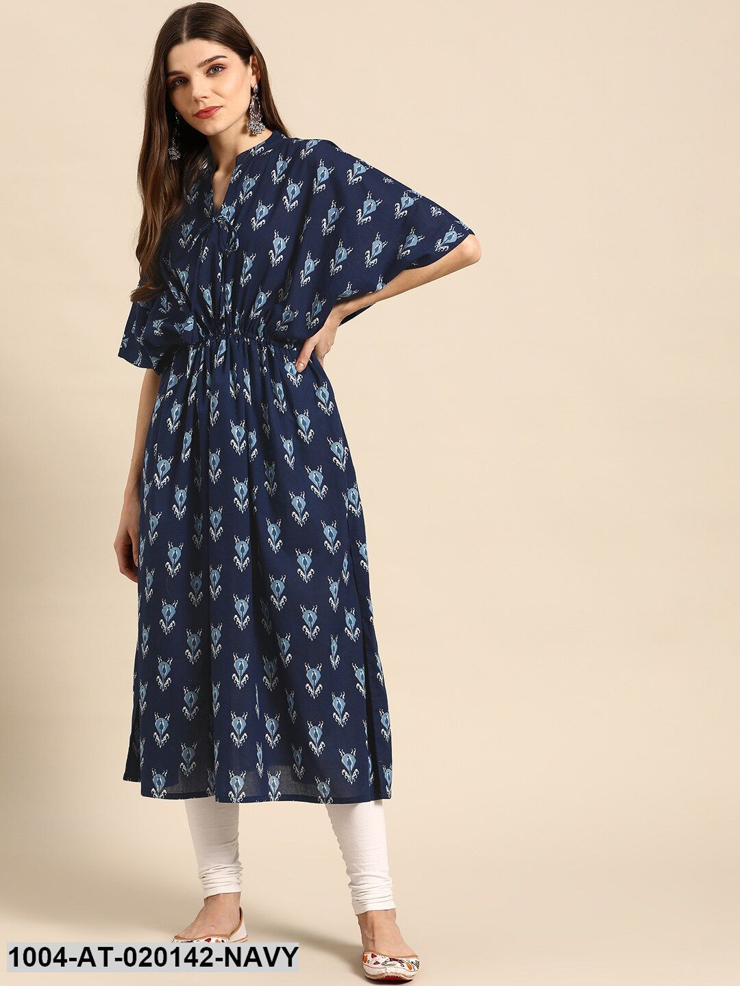 Navy Blue & Off White Ethnic Motifs Screen Print Flared Sleeves Kaftan Kurta