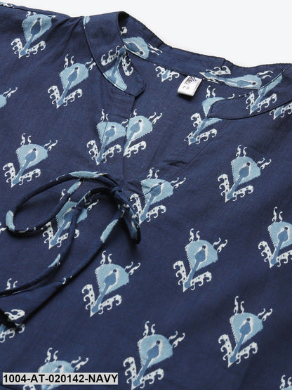 Navy Blue & Off White Ethnic Motifs Screen Print Flared Sleeves Kaftan Kurta