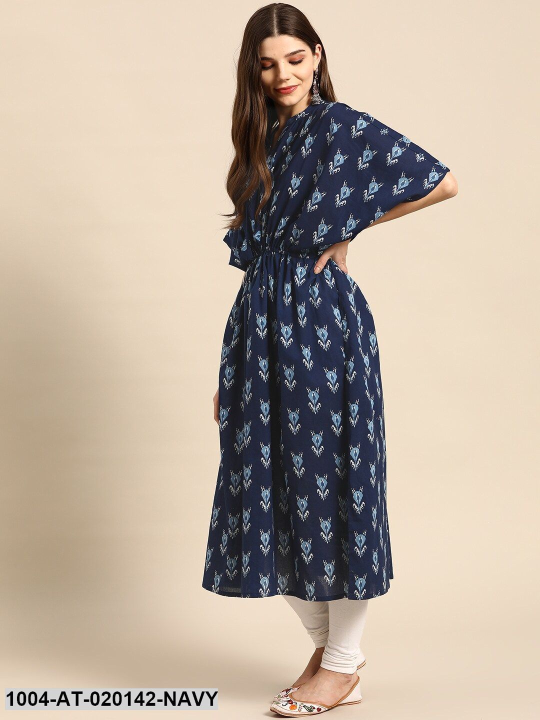 Navy Blue & Off White Ethnic Motifs Screen Print Flared Sleeves Kaftan Kurta