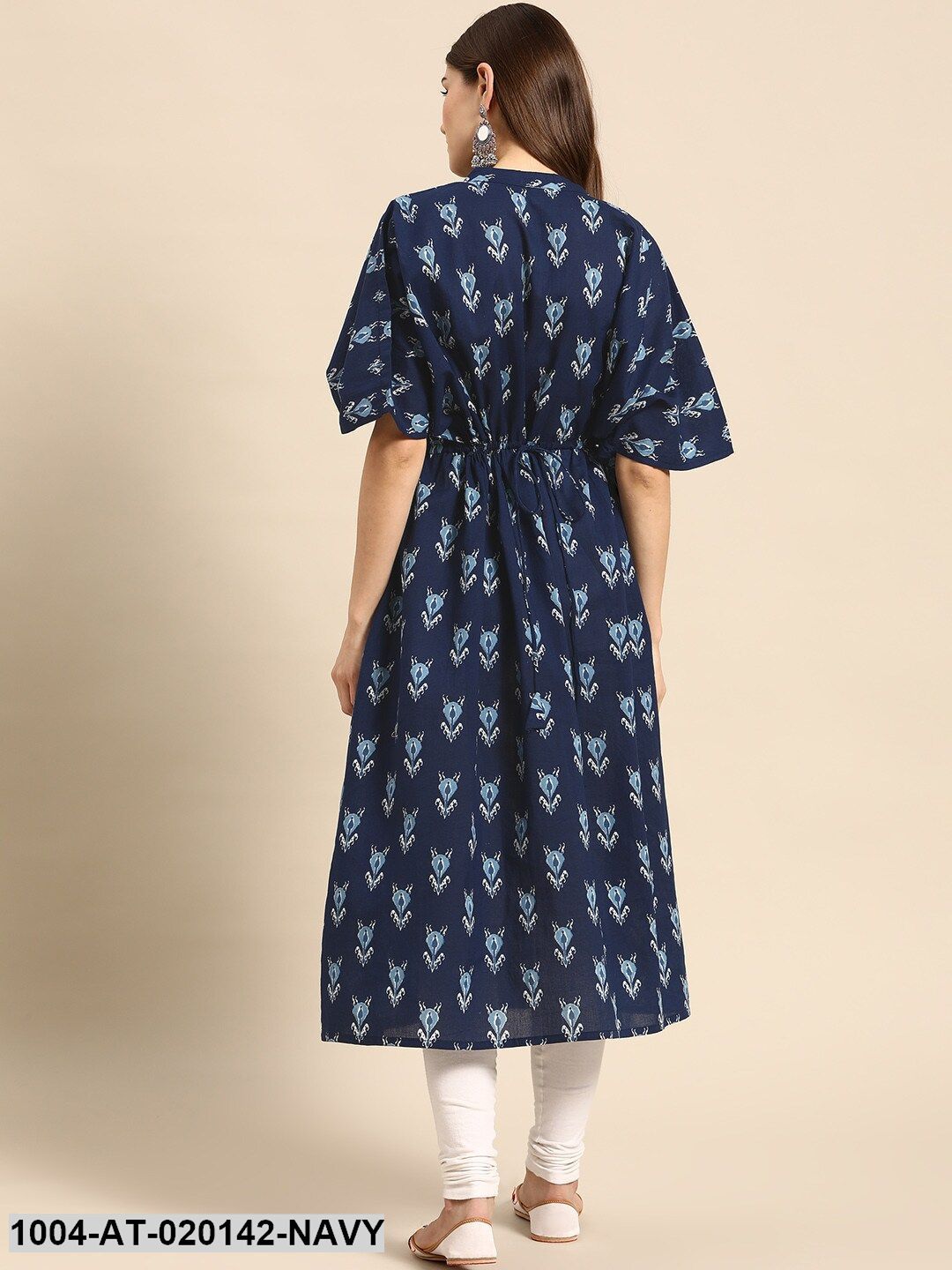 Navy Blue & Off White Ethnic Motifs Screen Print Flared Sleeves Kaftan Kurta