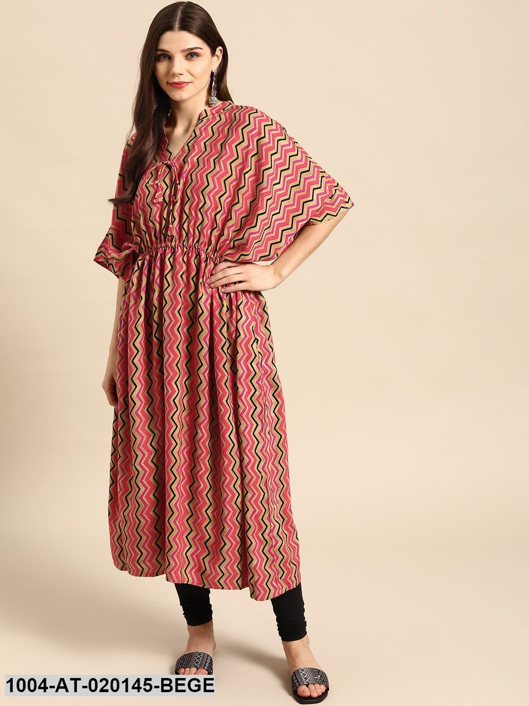 Beige & Pink Chevron Screen Print Flared Sleeves Kaftan Kurta