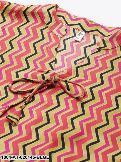 Beige & Pink Chevron Screen Print Flared Sleeves Kaftan Kurta