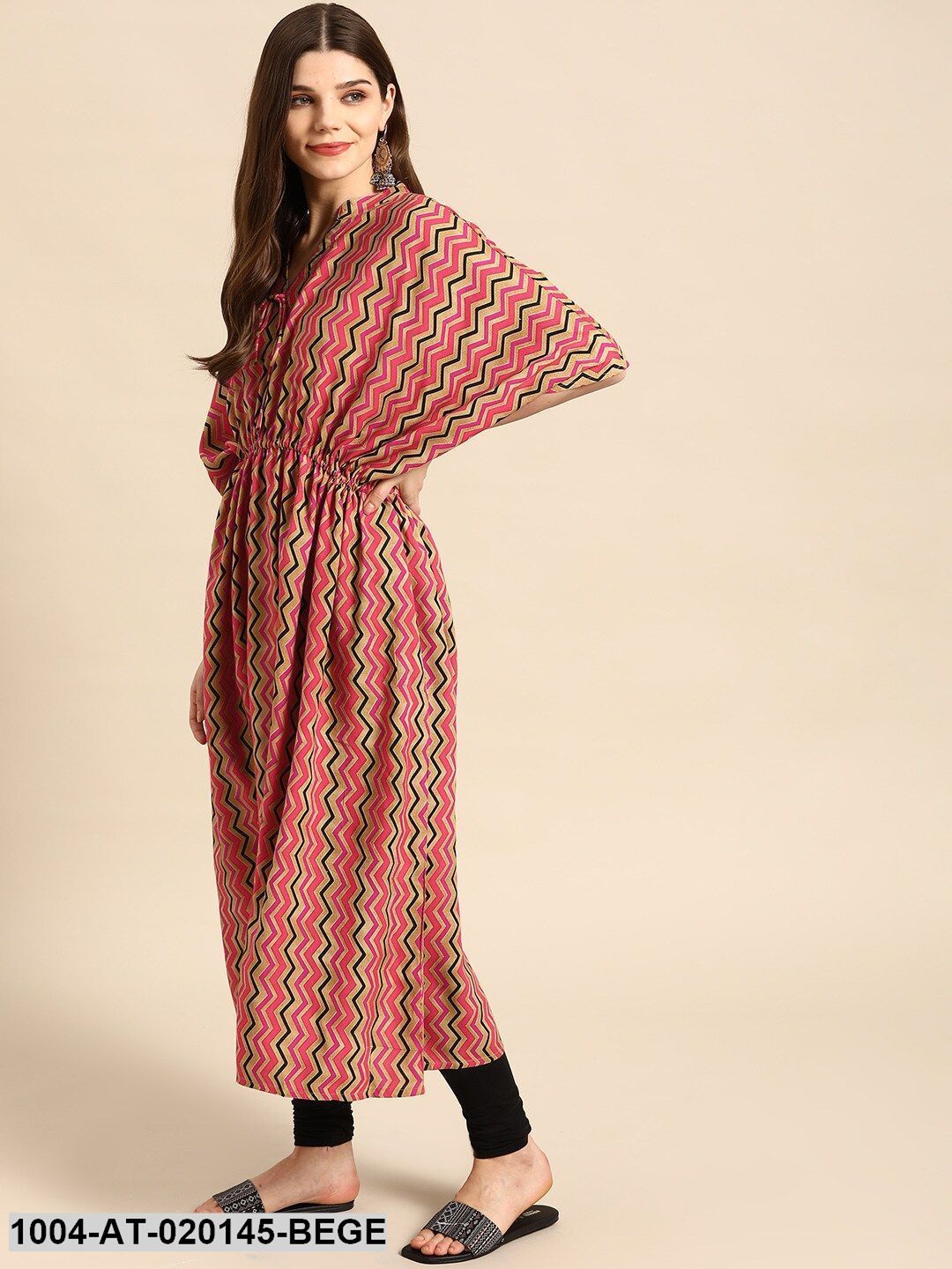 Beige & Pink Chevron Screen Print Flared Sleeves Kaftan Kurta