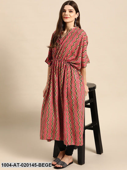 Beige & Pink Chevron Screen Print Flared Sleeves Kaftan Kurta