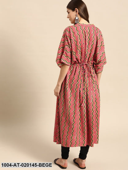 Beige & Pink Chevron Screen Print Flared Sleeves Kaftan Kurta