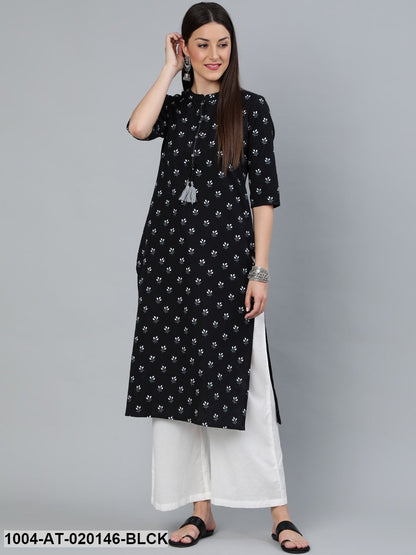 Black Floral Printed Straight Three-Quarter Sleeved Kurta