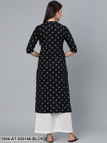 Black Floral Printed Straight Three-Quarter Sleeved Kurta