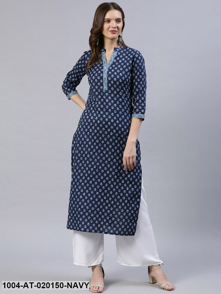 Navy Blue Ethnic Motifs Printed Indigo Kurta