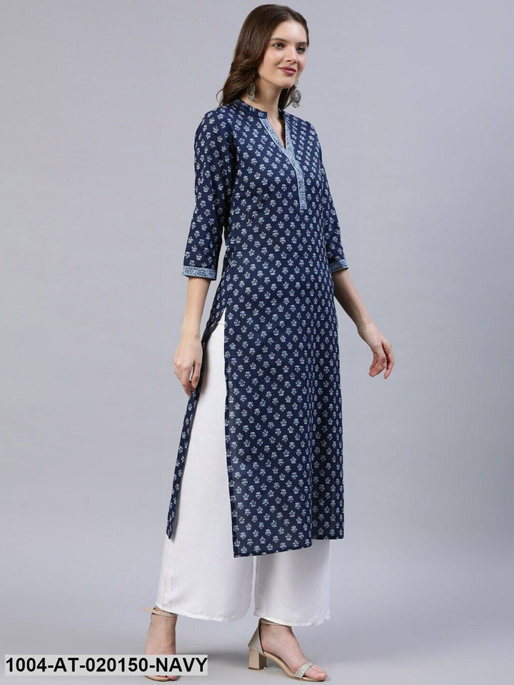 Navy Blue Ethnic Motifs Printed Indigo Kurta