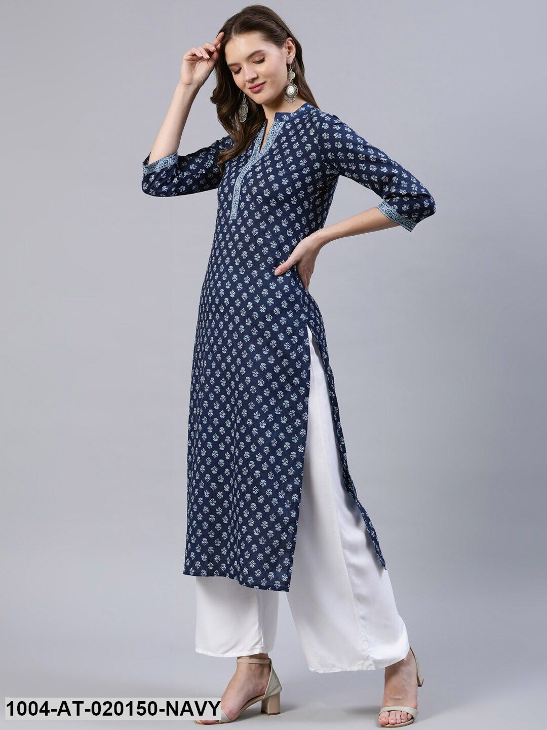 Navy Blue Ethnic Motifs Printed Indigo Kurta