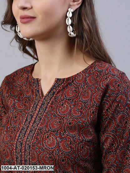 Maroon & Navy Blue Ethnic Motifs Printed Straight Kurta