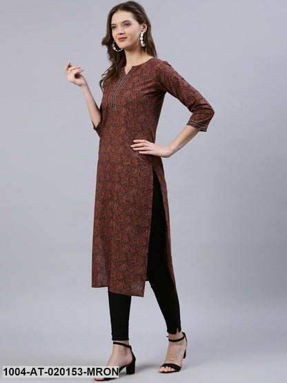 Maroon & Navy Blue Ethnic Motifs Printed Straight Kurta