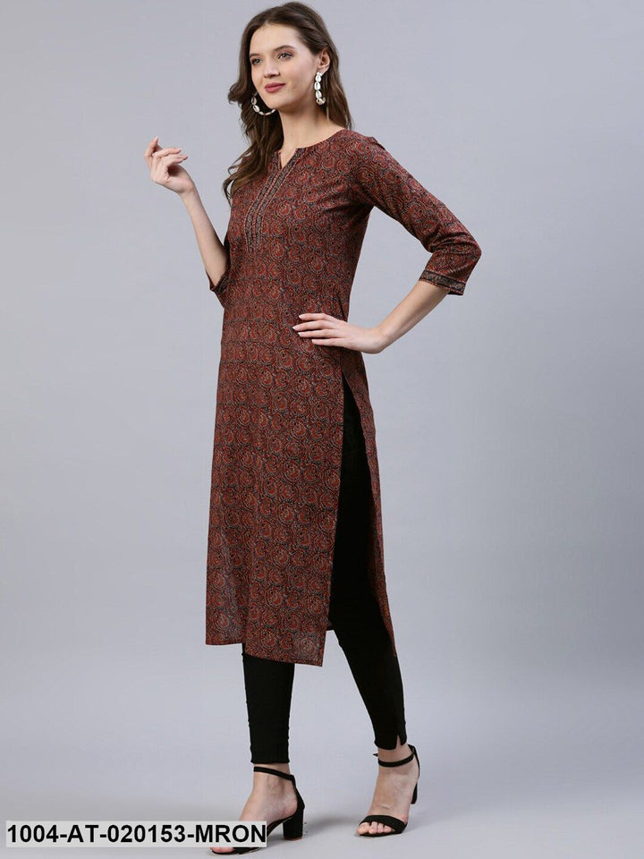 Maroon &amp; Navy Blue Ethnic Motifs Printed Straight Kurta