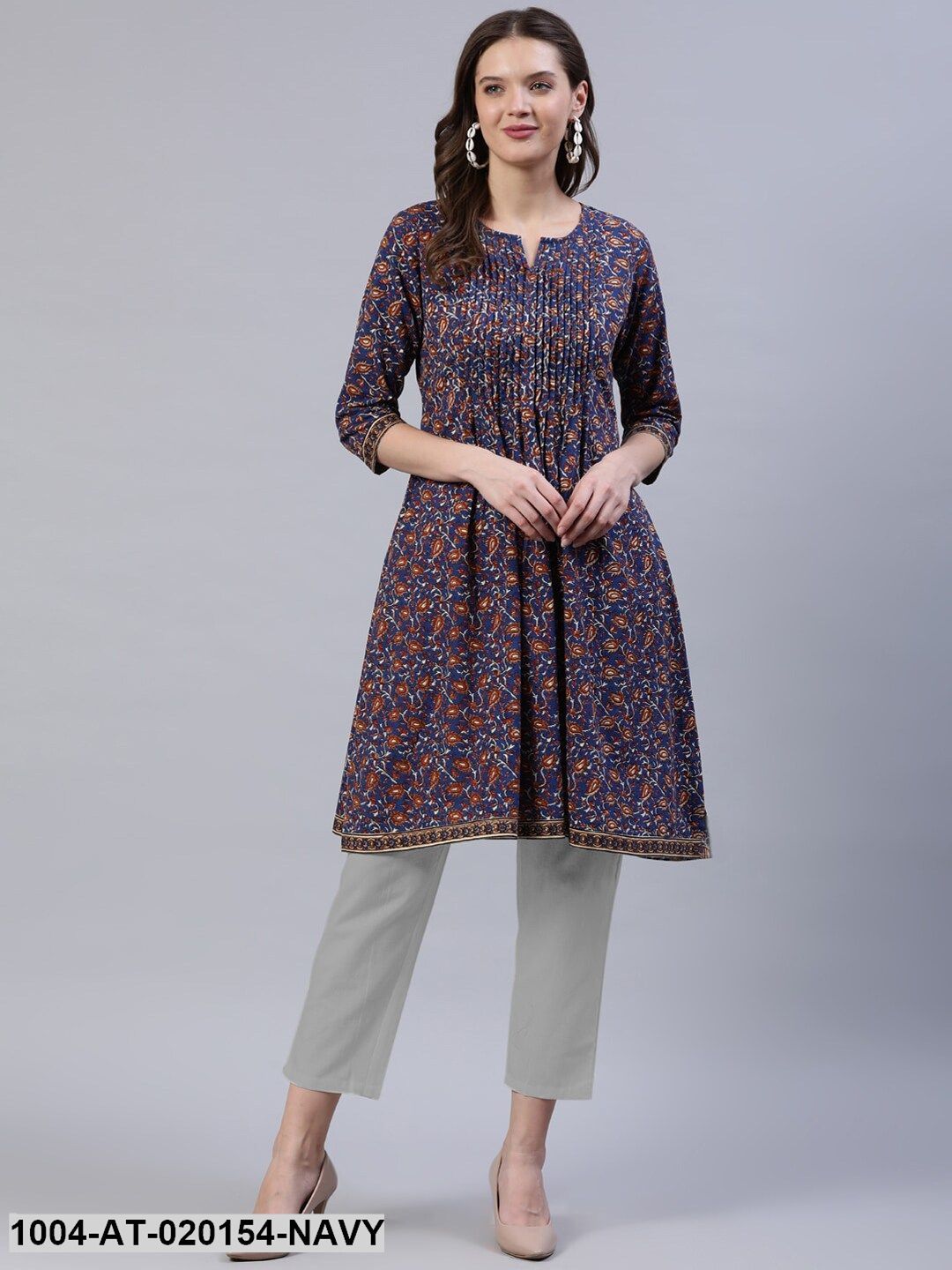 Navy Blue & Brown Ethnic Motifs Printed Thread Work Indie Prints Kurta