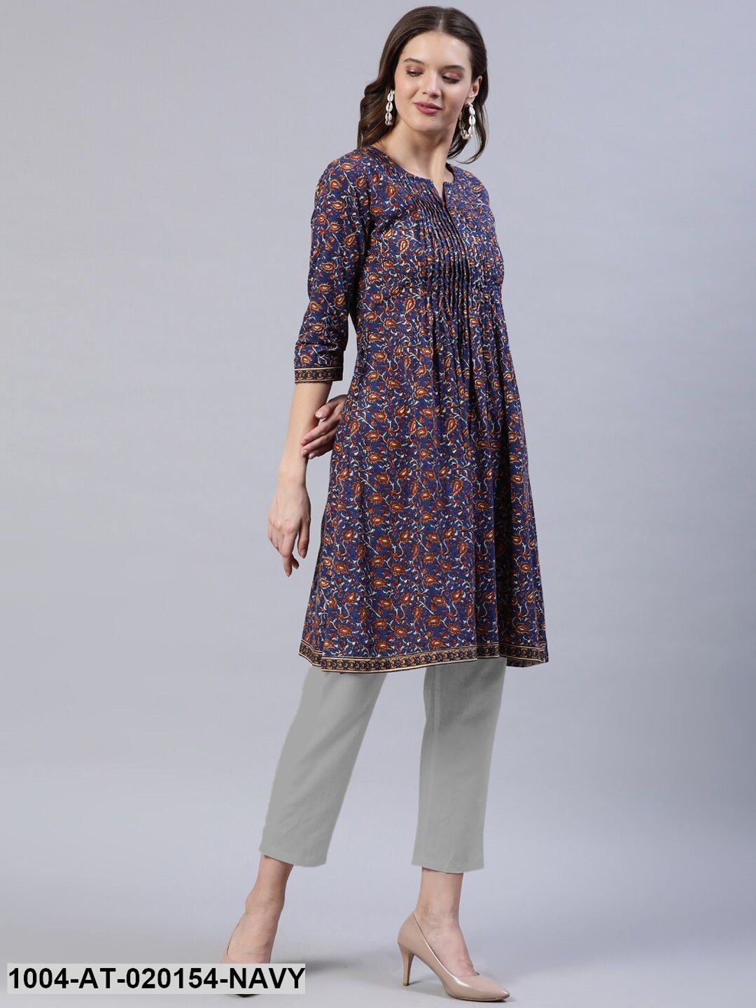 Navy Blue & Brown Ethnic Motifs Printed Thread Work Indie Prints Kurta