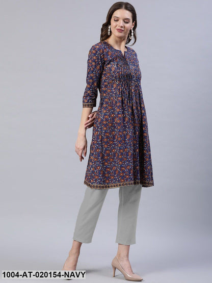 Navy Blue & Brown Ethnic Motifs Printed Thread Work Indie Prints Kurta