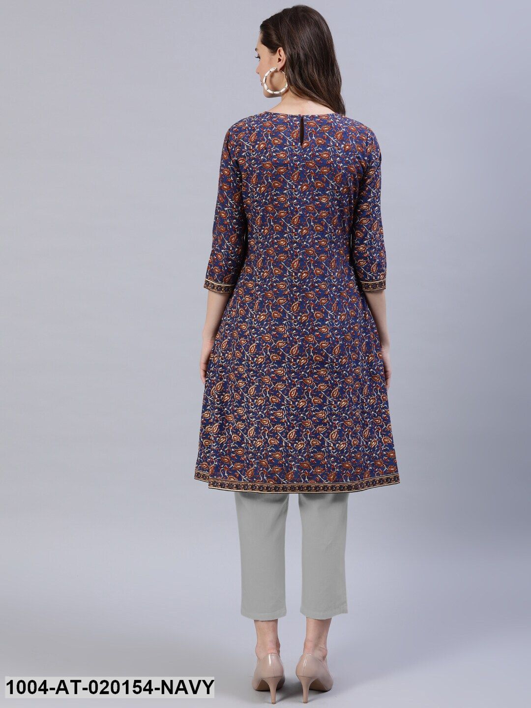 Navy Blue & Brown Ethnic Motifs Printed Thread Work Indie Prints Kurta