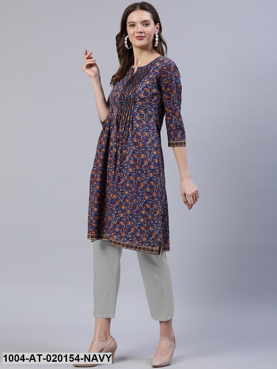 Navy Blue & Brown Ethnic Motifs Printed Thread Work Indie Prints Kurta