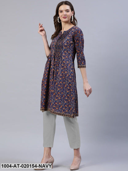 Navy Blue & Brown Ethnic Motifs Printed Thread Work Indie Prints Kurta