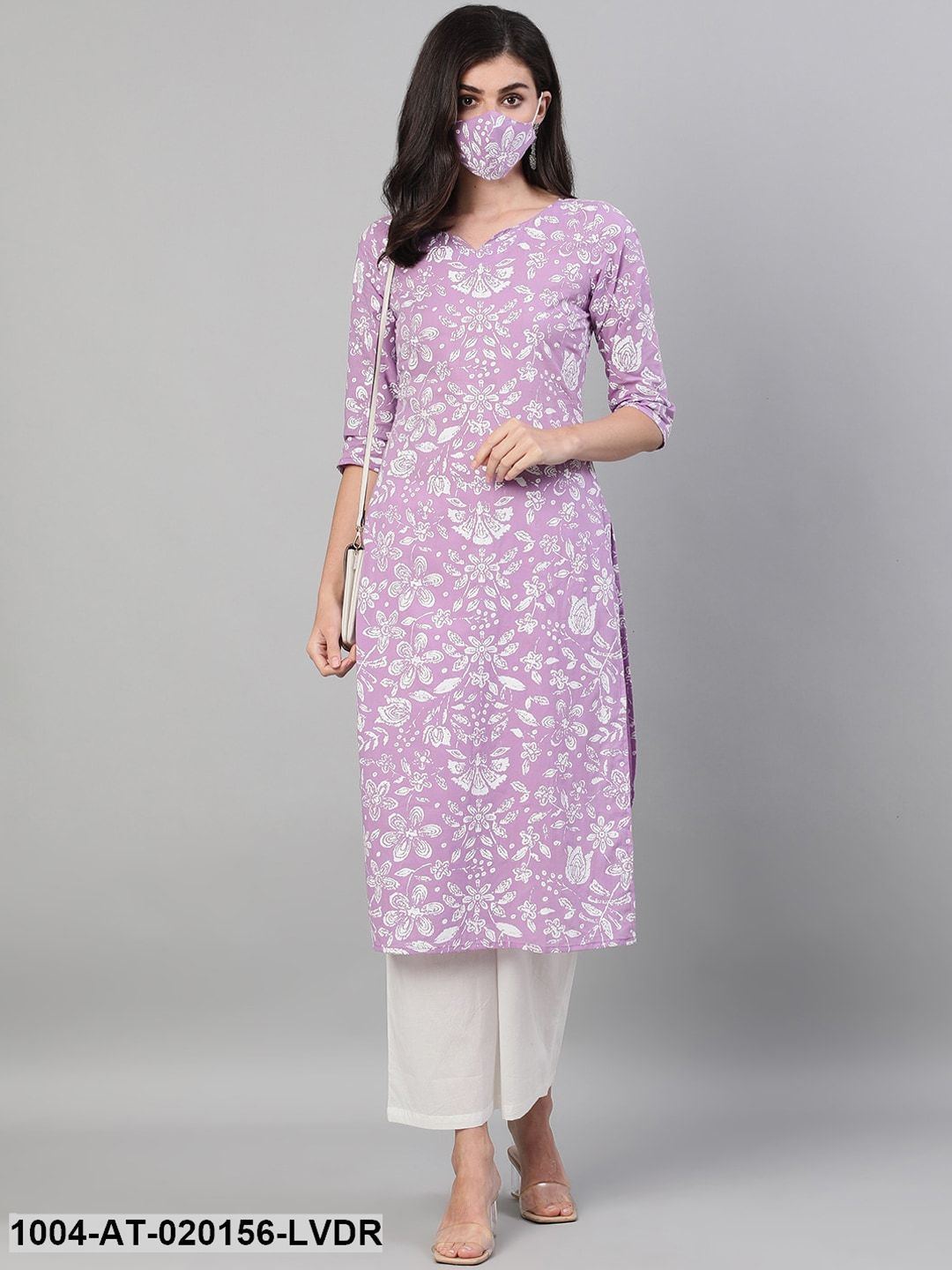 Lavender  White Floral Printed Kurta