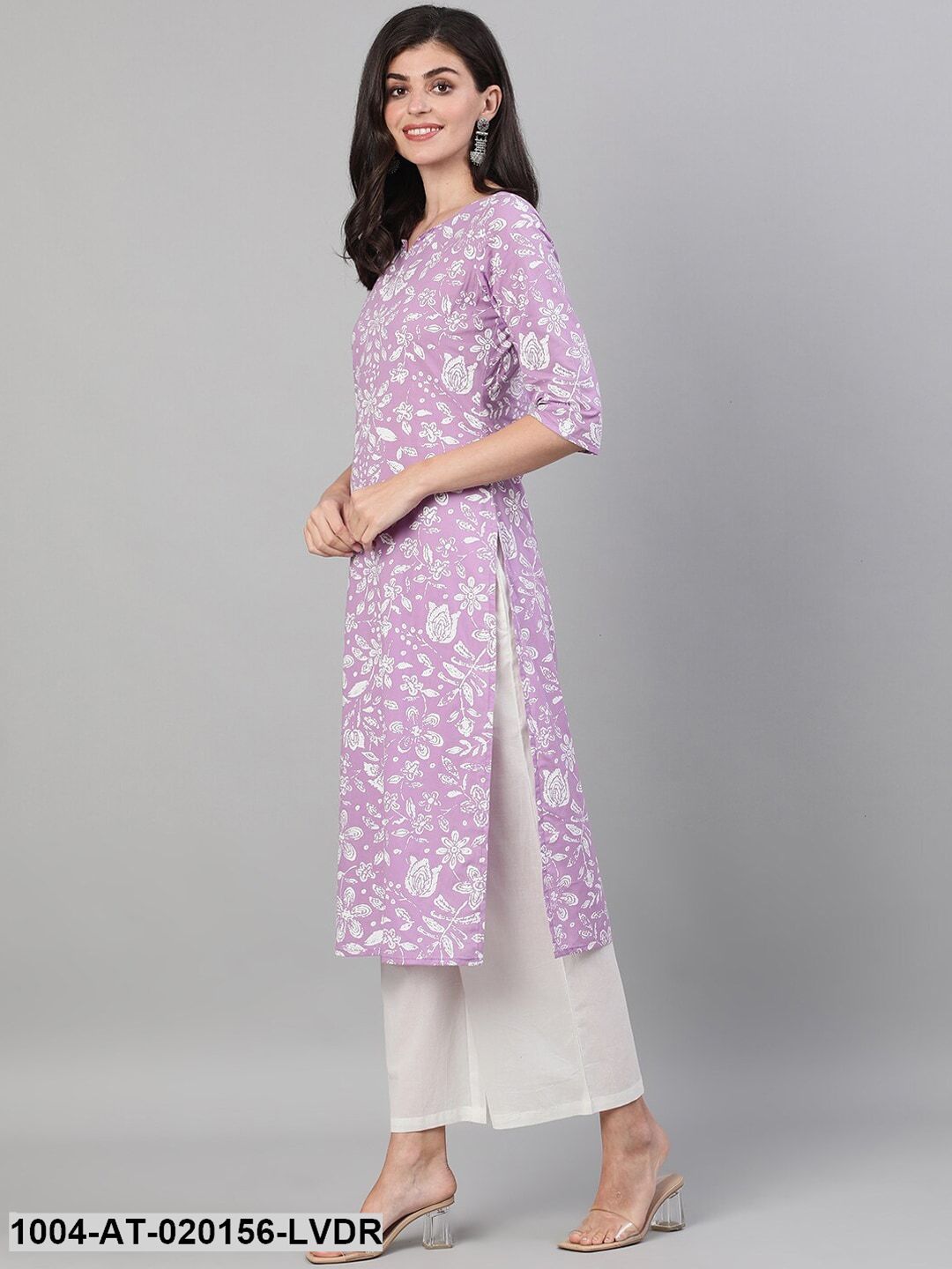 Lavender  White Floral Printed Kurta