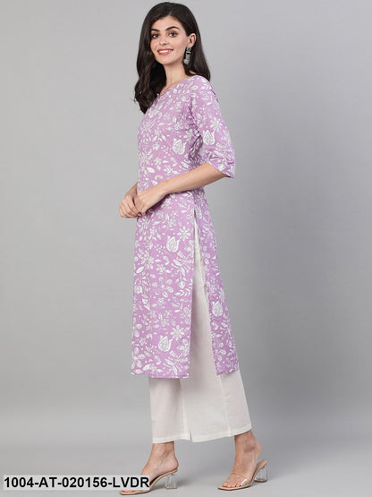 Lavender  White Floral Printed Kurta