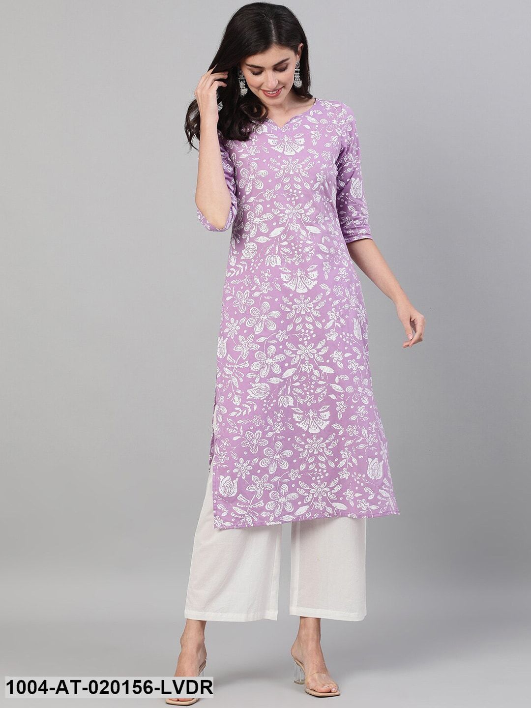 Lavender  White Floral Printed Kurta