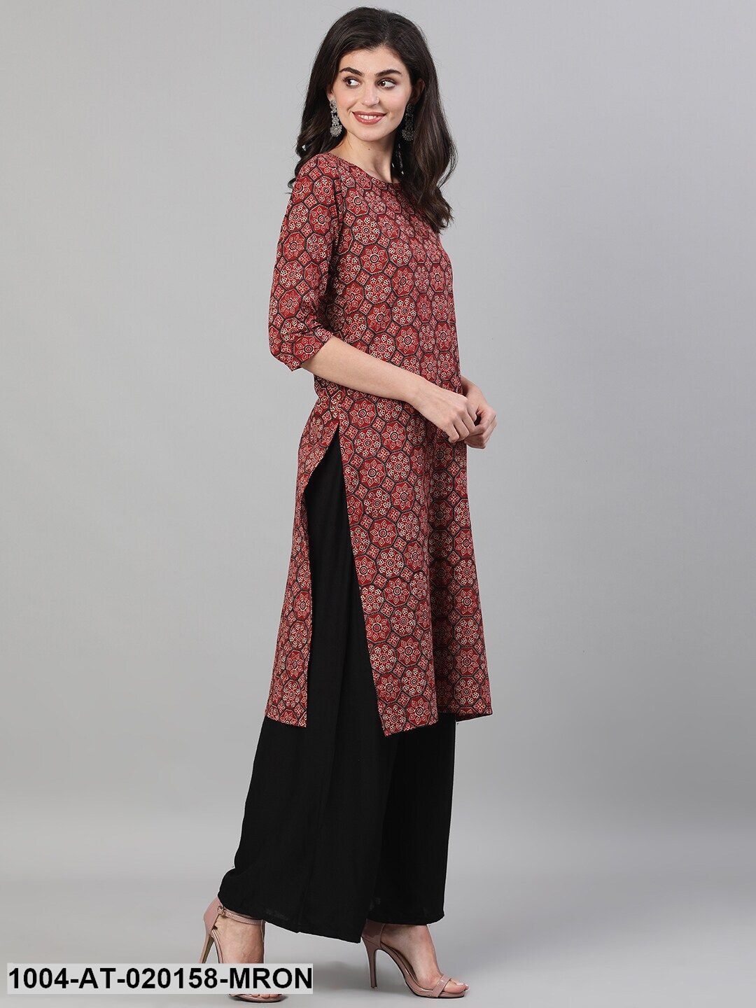 Maroon  Black Floral Printed Kurta